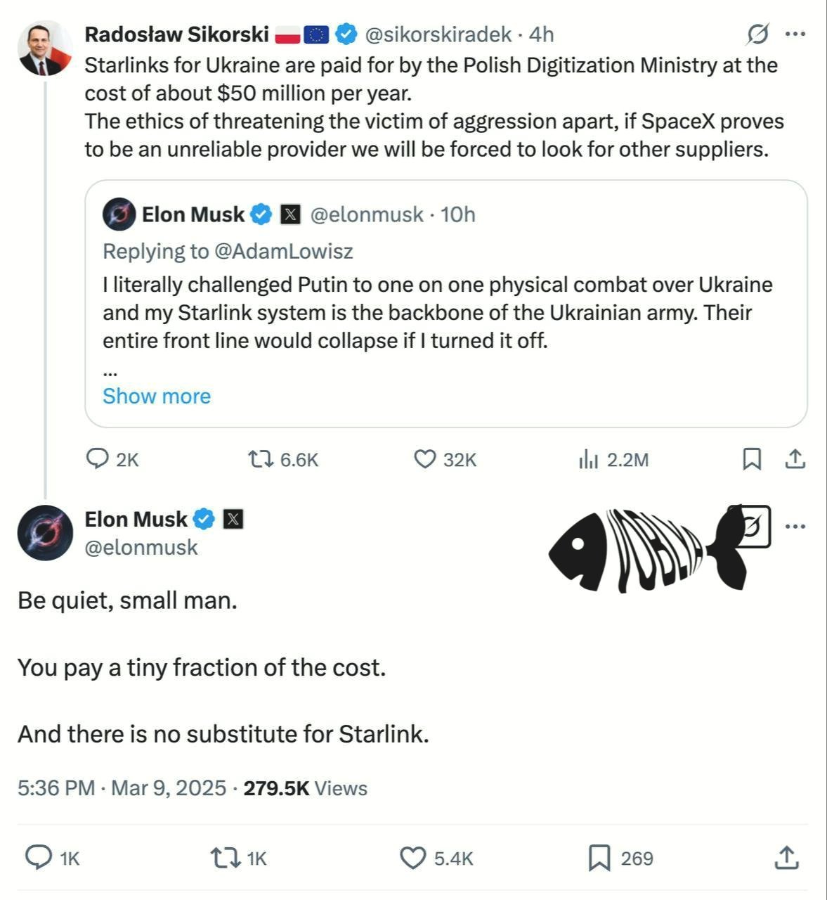 Tweet exchange on Starlink costs and dependence, used as a hook for connectivity discussion